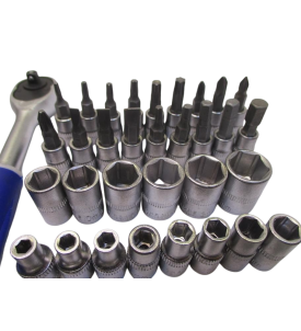 ZESTAW KLUCZY NASADOWYCH 1/4" 38 SZT. NASADKI GRZECHOTKA PRZEDŁUŻKI HEX TORX.