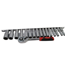 ZESTAW NASADEK 1/2" + GRZECHOTKA  DŁUGIE NASADKI 16SZT 8-24MM KLUCZE NASADOWE LISTWA