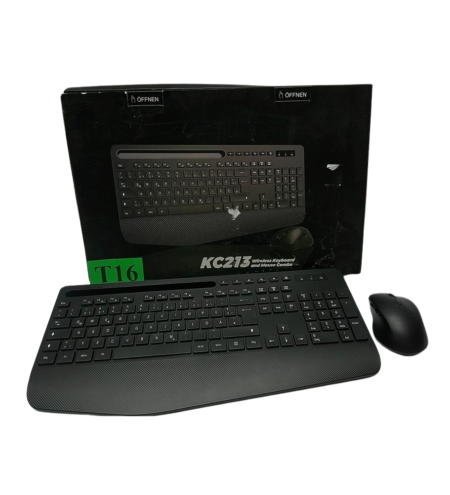 Klawiatura Bezprzewodowa z Myszą KC213 QWERTY | Zestaw 2.4 GHz | Ergonomiczna Podpórka | Uchwyt na Telefon | Czarna